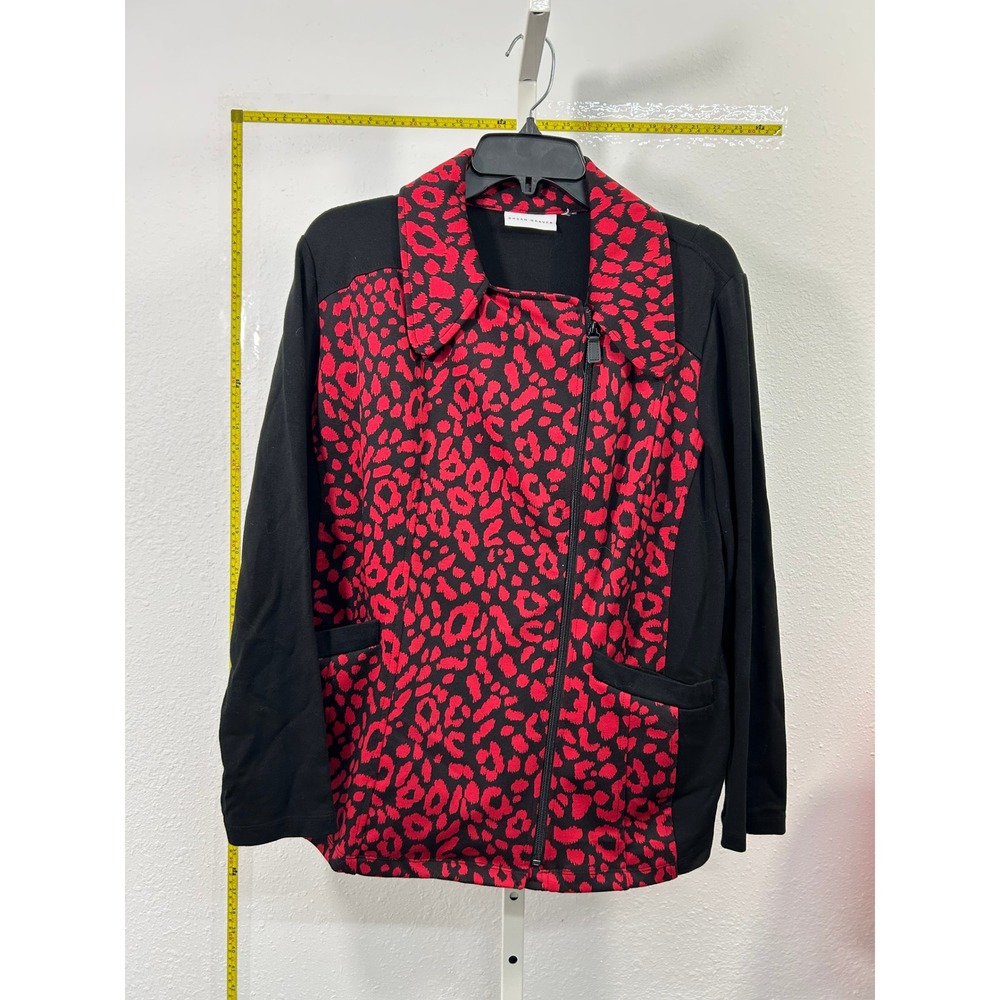 Susan‎ Graver Red Black Leopard Print Moto Jacket Knit Zip Front Sz XL